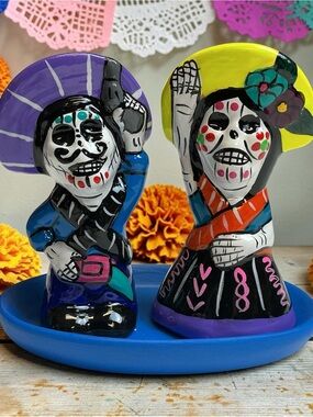 Hand-Painted Mexican Day of the Dead Salt & Pepper Shakers - Bright Multicolor